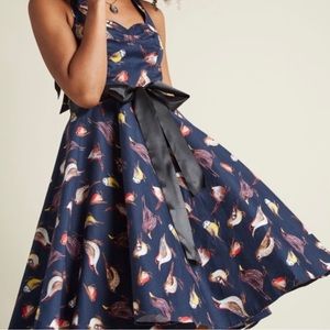 Miss Lulo halter dress (no sash) with sweetheart neckline bird print